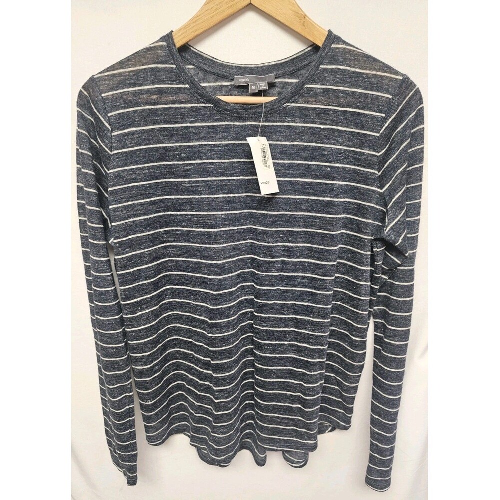 Vince Womens Size MEDIUM NWT 100% Linen Knit Top Navy Blue Stripes Long Sleeves
